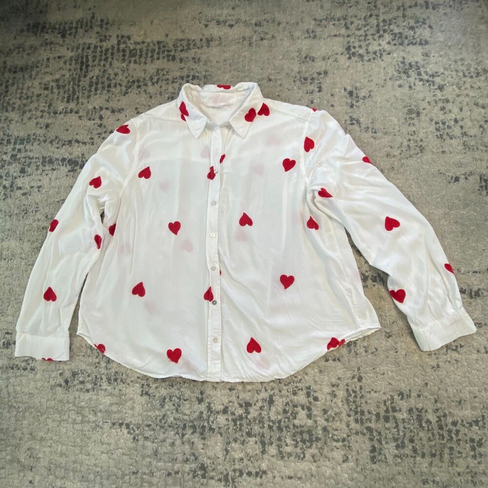 Jane Delancey Women XL White Red Embroidered Heart Long Sleeve Button Down Shirt